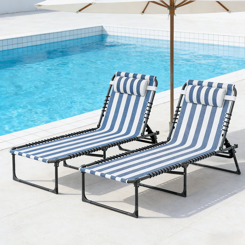 Chaise longue d'extérieur pliante 2 pièces, Blanc / bleu / noir