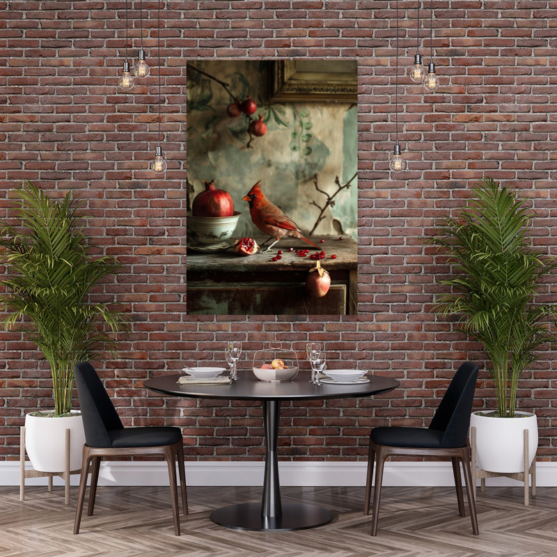 Rustic Cardinal Pomegranates Elegant Rustic Vintage Bird Autumn Fruit Wall Art Print, 152.4cm H x 101.6cm W