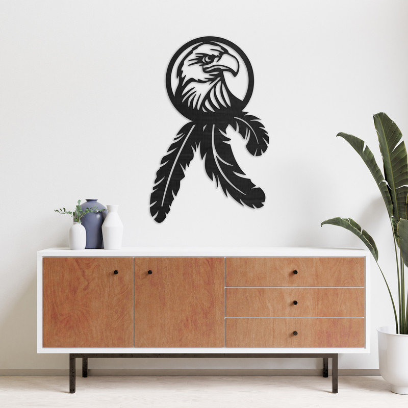 Décoration murale abstraite avec aigle et plumes - ACM, Argent, H 32 po x l 20,4 po x P 0,25 po