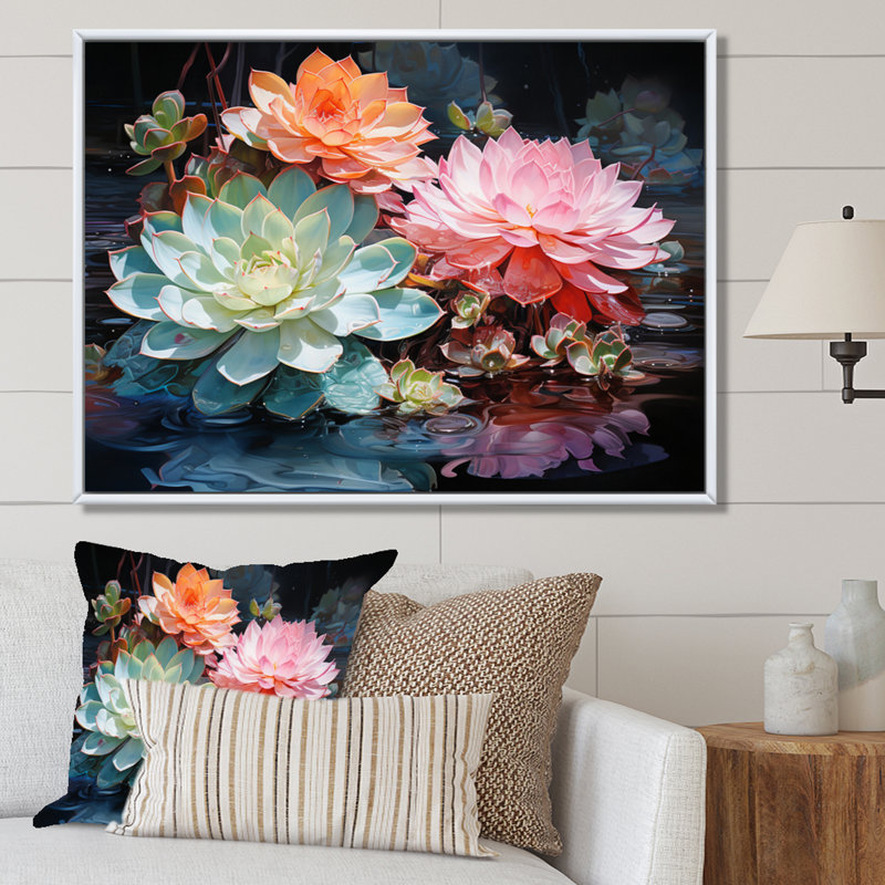 Succulents Succulent Reflections - Floral Wall Decor, H 16 po x l 32 po x P 1 po, Cadre flottant blanc