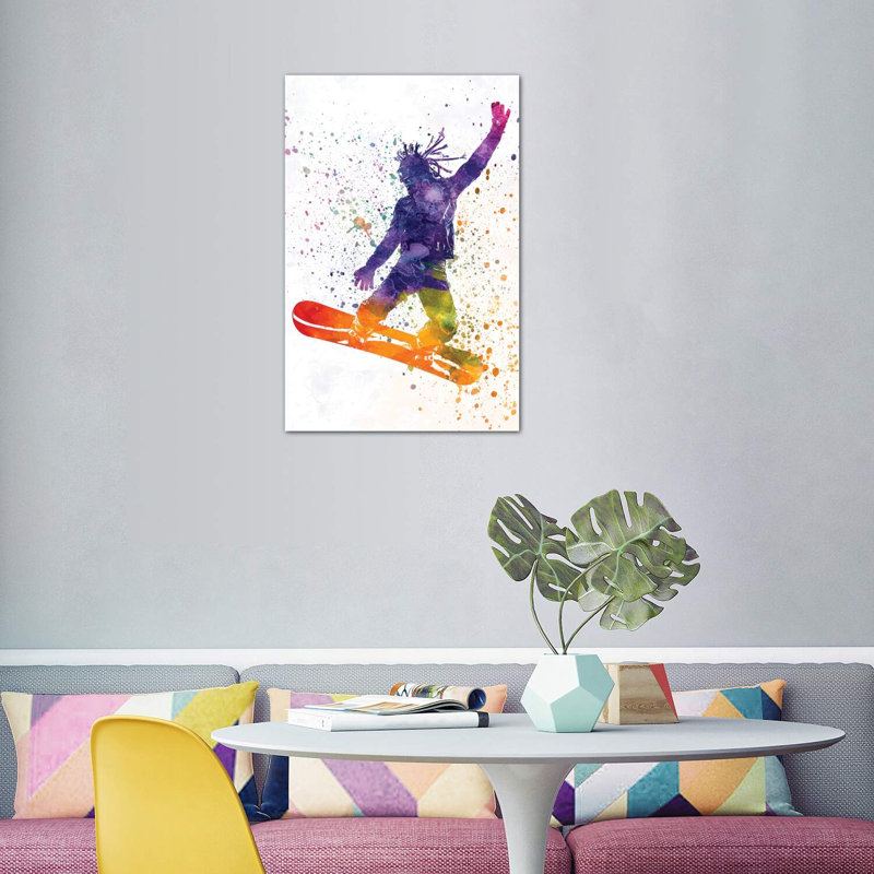 «Young Snowboarder Man in Watercolor I» par Paul Rommer - impression d'art graphique, H 48 po x l 32 po x P 1,5 po