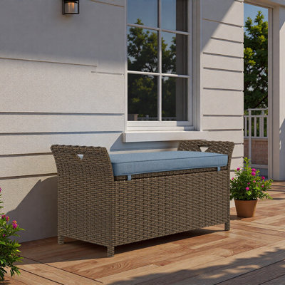 Patio Wicker Storage Bench Red 27 Gallon Outdoor PE Rattan Furniture Large Capacity Footstool Rectangle Box