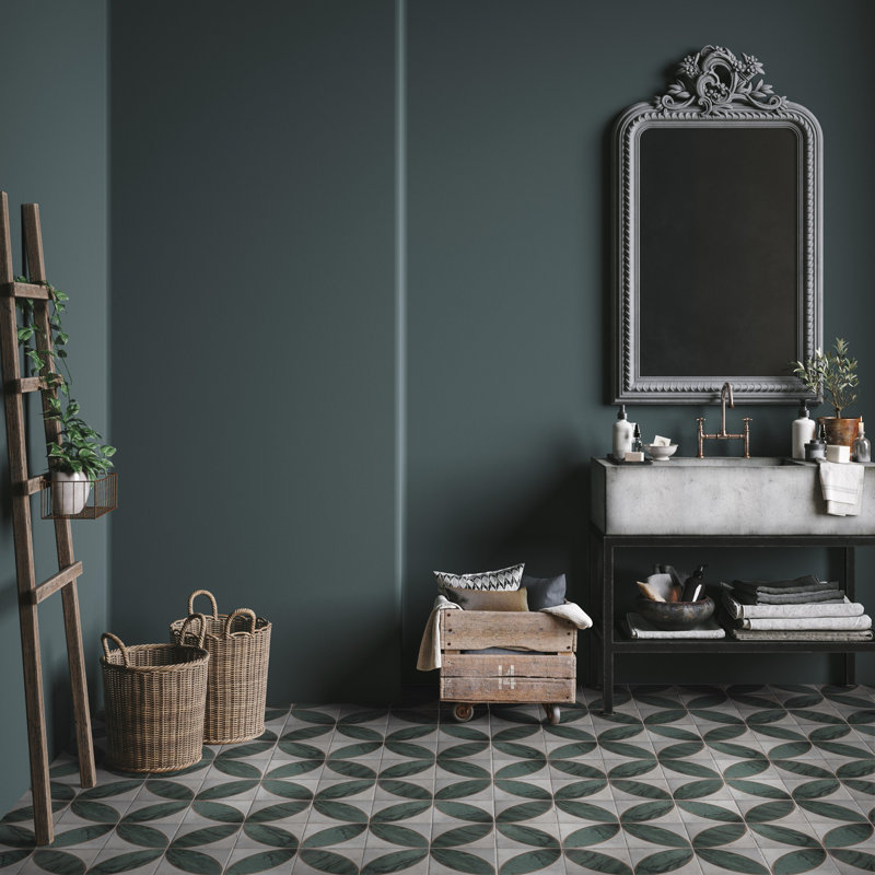Renaissance Deco 8" x 8" Porcelain Patterned Wall & Floor Tile, Green/White