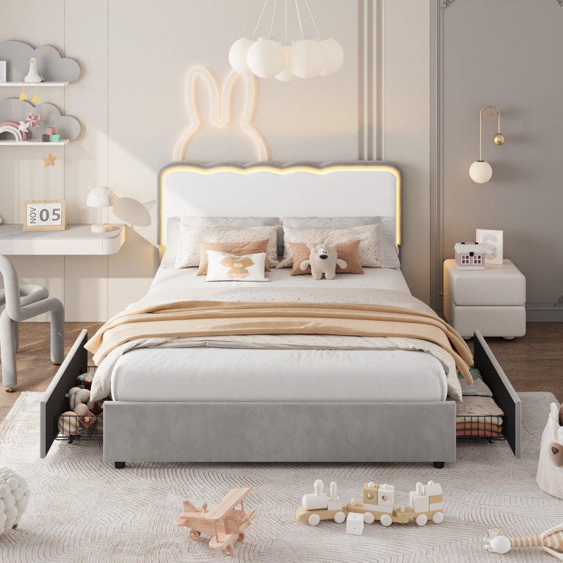 Queen Velvet Bed Frame with 2 Storage Drawers, Upholstered Platform Bed Wavy Headboard for Girls Kids Boys Wood Slats, Gray