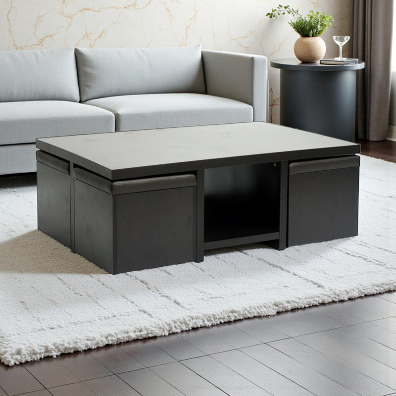 Table basse 4 repose-pieds cubiques avec couvercles en similicuir brun foncé, H 16,97 po, l 47,61 po, P 31,13 po