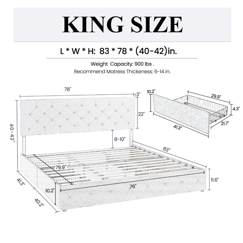 Silvester Modern Upholstered Platform Storage Bed with Wooden Slats, no box spring needed, White Diamond Faux Leather, King