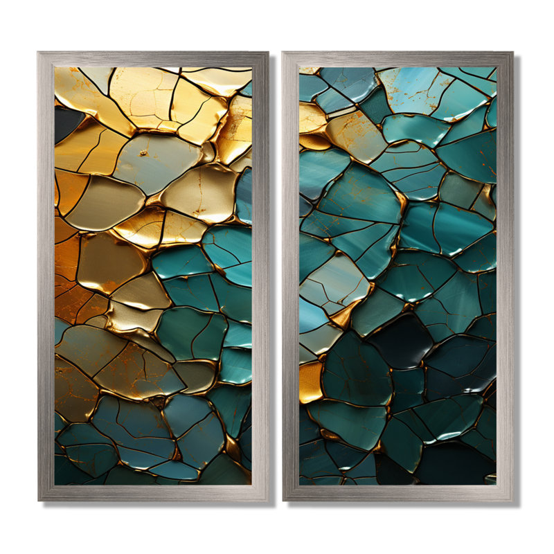 Abstrait bleu sarcelle or calcaire cristallin - art mural grand marbre, impression sur toile abstraite bleu sarcelle 2 panneaux