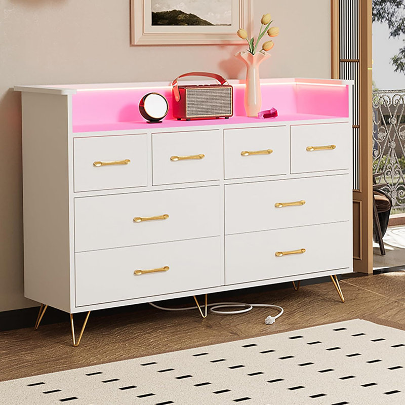 TV Stand Dresser For Bedroom With LED Light & Charging Station, 8 Drawers Wooden Dressers, White