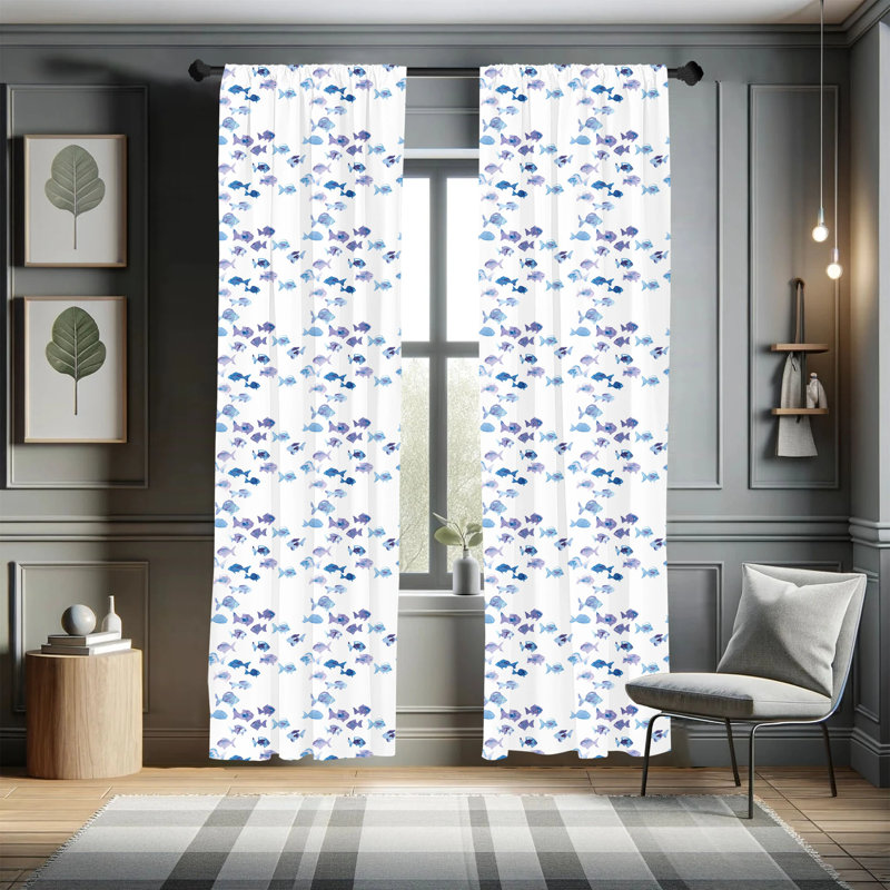 White and Blue Fish Pattern Polyester Room-Darkening Curtain Panels