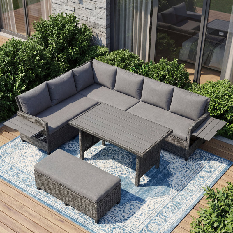 5-Piece Patio Conversation Furniture Set, L-Shaped PE Rattan Wicker Sectional Sofa with 2 Extendable Side Tables, Dining Table & Removable Covers for Backyard & Poolside
