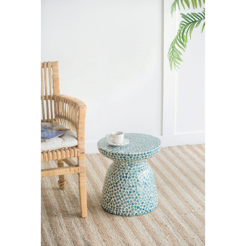 D15x16" Capiz Garden Stool Small Side Tabel, Blue Accent Round End Table