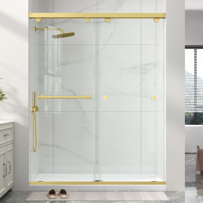 55"-60" W x 76" H Double Sliding Framed Shower Door in Brushed Gold with 5/16" Clear Tempered Glass, Soft Close Cushion