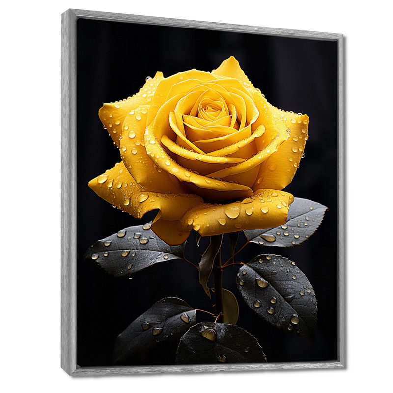 Danail, jaune, noir, rose, élégance III - fleurs, art mural, H 32 po x l 16 po x P 1 po, Encadrement argenté