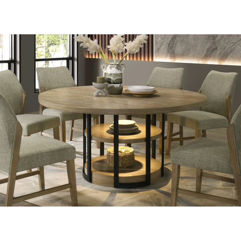 Eden 59" Round Rustic Oak Dining Table With LED Light, Black Metal Frame, Shelves