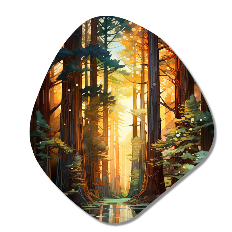 Redwood Shimmering Tree Heights I - Art mural asymétrique en forme de nébuleuse avec séquoia, H 28 po x l 25 po x P 1 po