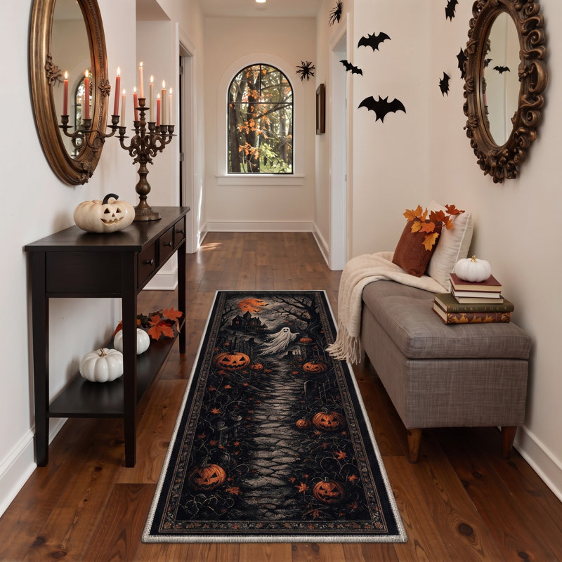 Tapis fantôme d'Halloween, noir / blanc, lavable à la machine, à poils courts, antidérapant, Tapis de couloir 2 pi x 6 pi