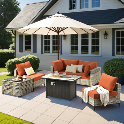 6- Piece Outdoor Patio Furniture Set with Fire Pit Table, All - Weather Wicker, Thick Padded Cushions, Sectional Sofa & Chairs for Garden, Backyard & Patio