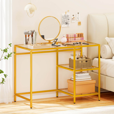 Table de coiffeuse d'ordinateur en verre trempé avec tablettes de rangement à 2 niveaux