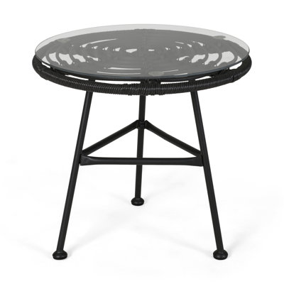 Outdoor Glass Top Faux Rattan Side Table,Tempered Glass Top End Table For Balcony Porch Deck