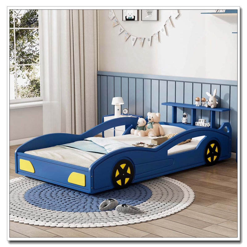 Lit plateforme en bois en forme de voiture, Bleu/jaune