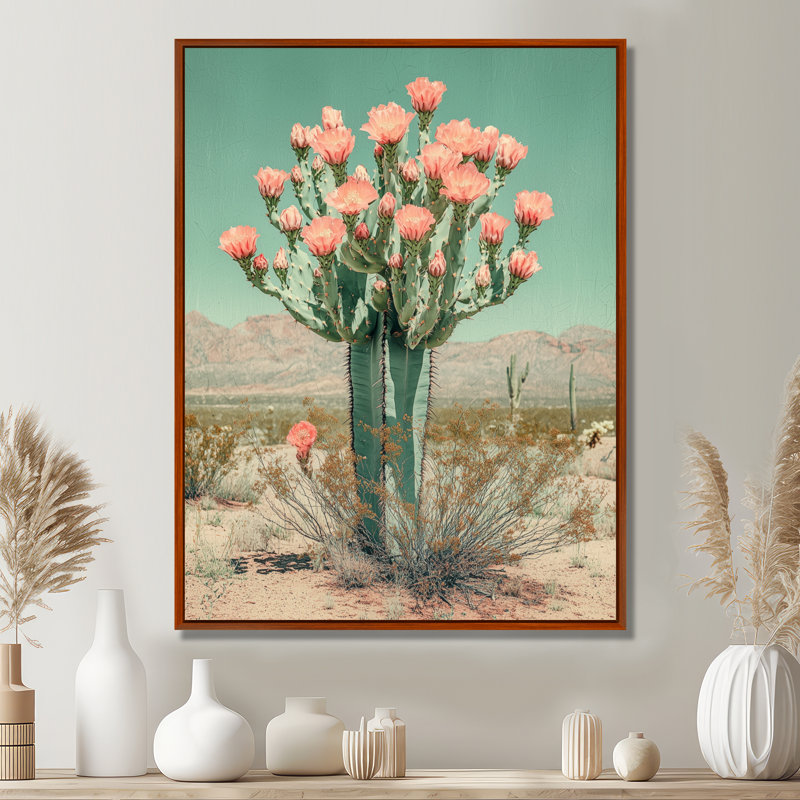 Margarit, cactus pastel en fleurs dans le désert I - Cactus, impressions encadrées, Brun, Reproduction avec cadre flottant