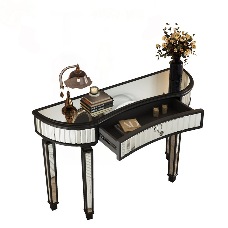 Console demi-lune à miroir en verre cannelé, Noir antique