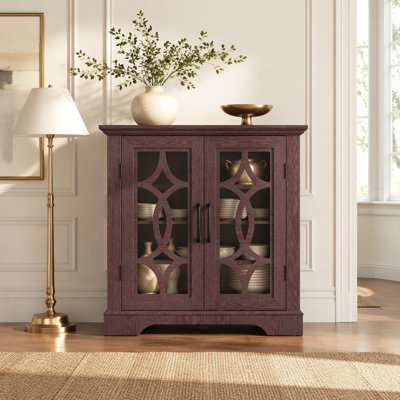 Buffet spacieux de 34,37 po x 15,55 po x 34,06 po à 2 portes en verre trempé transparent avec tablette réglable, panneau de fibres à densité moyenne et stratifié décoratif rouge foncé pour la salle à manger, la cuisine et le salon