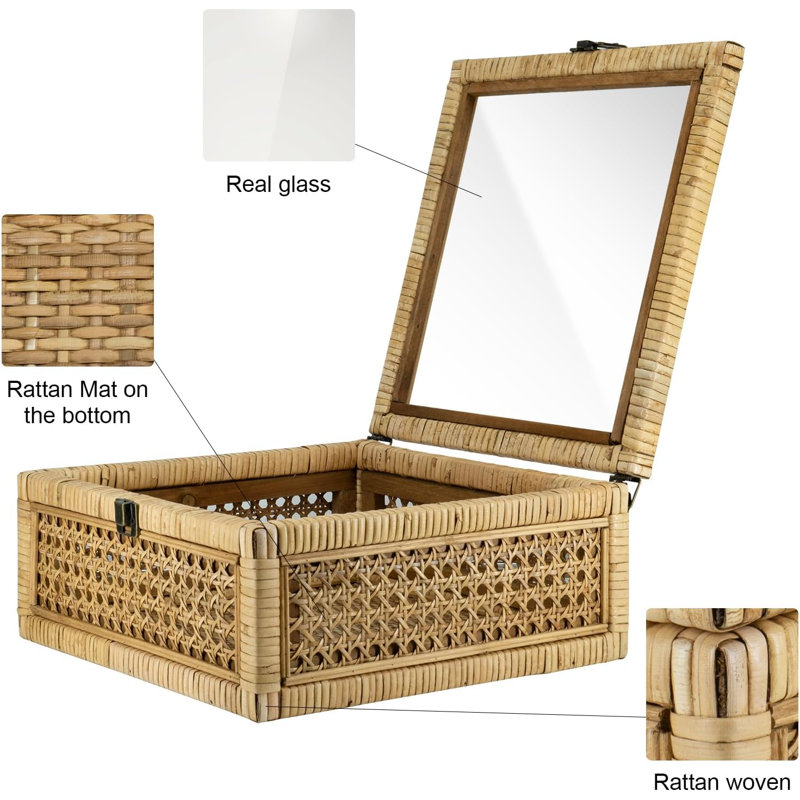 Ensemble de 2 boîtes carrées en rotin avec couvercles et couvercle en verre pour présentation