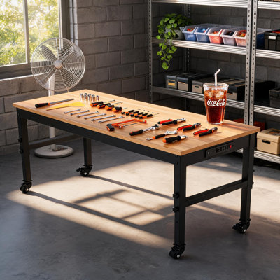 Workbench for Garage, 2200 lbs Capacity Work Table with Solid Hardwood Top, Heavy-Duty Steel Frame, Adjustable Height 29.5"-37", Built-in Power Outlets for Workshop, Office & Commercial, 4 Wheels