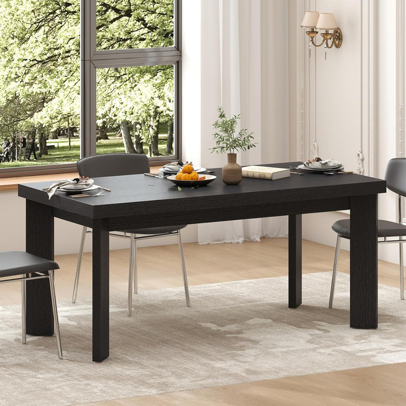 Table de salle à manger de 63 pouces pour 6 personnes, table de salle à manger d'extérieur intérieure avec pieds en bois, table de cuisine avec grand plateau, table de salle à manger rectangulaire pour la salle à manger, le salon, la cuisine, noir