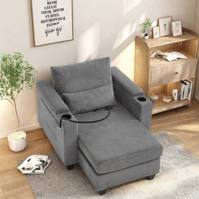 Fauteuil convertible en velours côtelé avec ports USB, porte-gobelets, accoudoirs de rangement, coussin lombaire et poches latérales - Méridienne et canapé