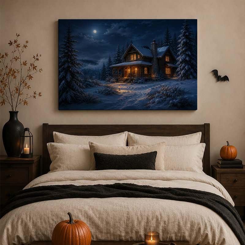 Cabane en bois rond enneigée aux fenêtres illuminées sous une toile murale d'Halloween, H 16 po x l 24 po