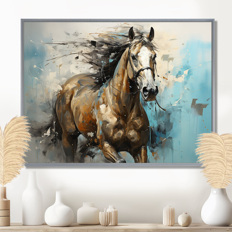 Cheval galopant fantaisiste - cheval, art mural, Encadrement argenté, H 30 po x l 40 po