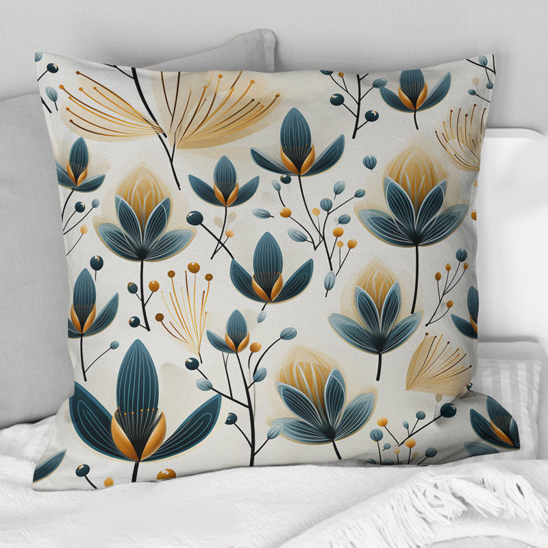 Coussin décoratif en polyester scandinave jaune et blanc à motif floral, H 16 po x l 16 po