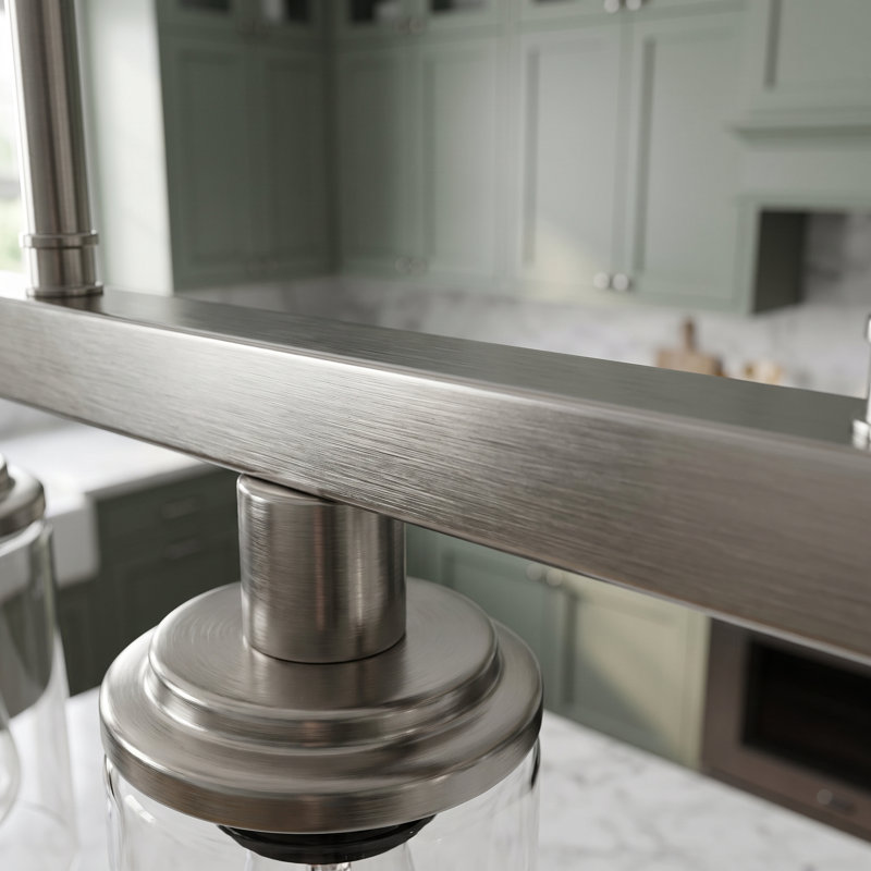 Lustre linéaire de style ferme à 5 lumières en nickel de 37 pouces pour îlot de cuisine, avec abat-jour en verre, Nickel