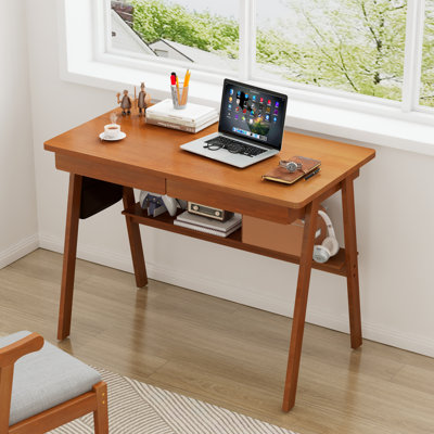  100% Solid Wood Desk With Drawers - Mid Century Modern Desks With Drawers & Storage Shelf, Small Writing Desk For Small Spaces, Home Office Desks For Bedroom & Home, Walnut Color