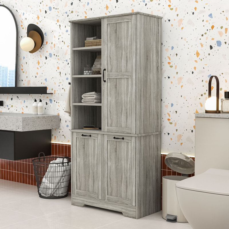 Armoire de rangement autoportante en bois avec tablettes réglables et paniers à linge inclinables, Chêne