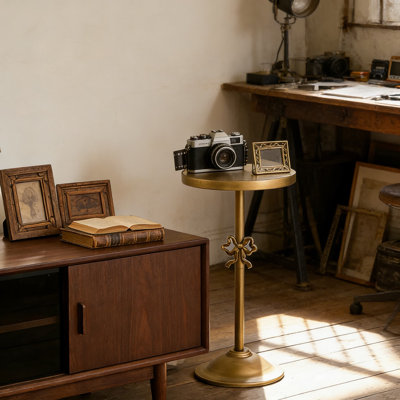 Antique Gold Round Pedestal Side Table With Bow Decor, Vintage Metal Cocktail Table For Small Spaces, Sturdy Iron Accent Table For Living Room, Bedroom, Or Office