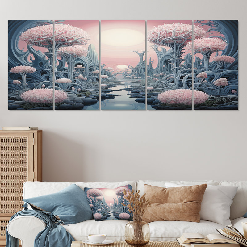 Cvetan - Art mural abstrait paysage 5 pièces, H 28 po x l 60 po