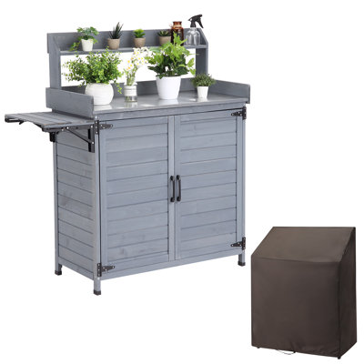 Table de rempotage, meubles de jardinage en bois avec plateau en métal et armoire de rangement