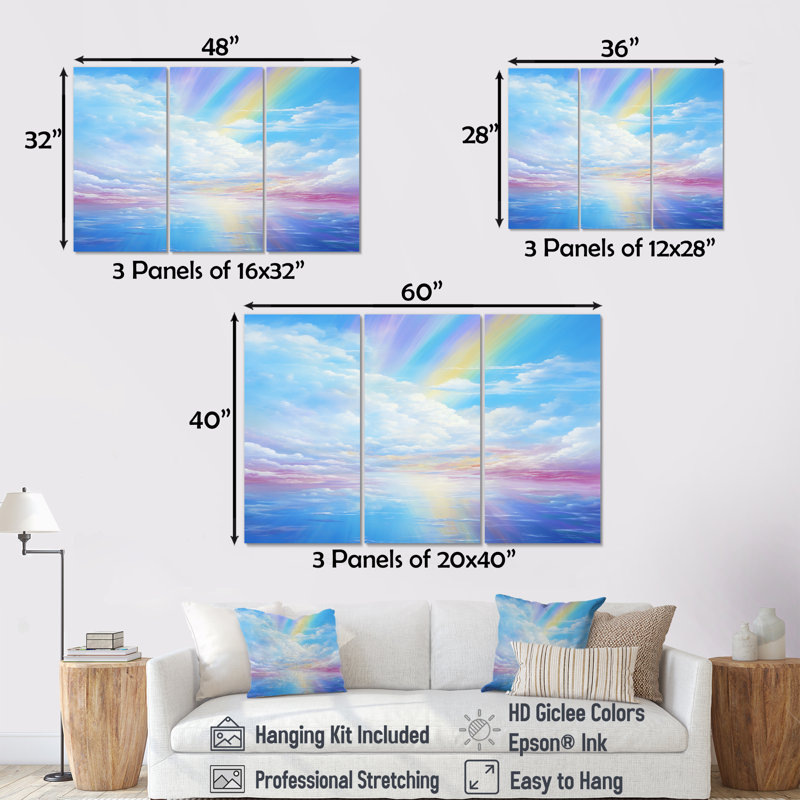 Rainbow In Pink Clouds Blue Sky - Clouds Wall Art Set, Wrapped Canvas, 40" H x 60" W x 1" D