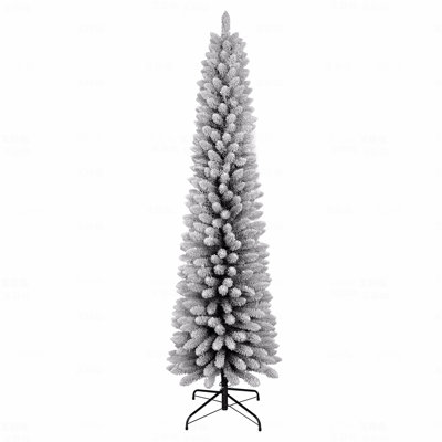 Arbre de Noël artificiel à flocage mince 7 pi, 469 pointes en PVC enneigées, conception peu encombrante, effet de neige réaliste, base en métal robuste