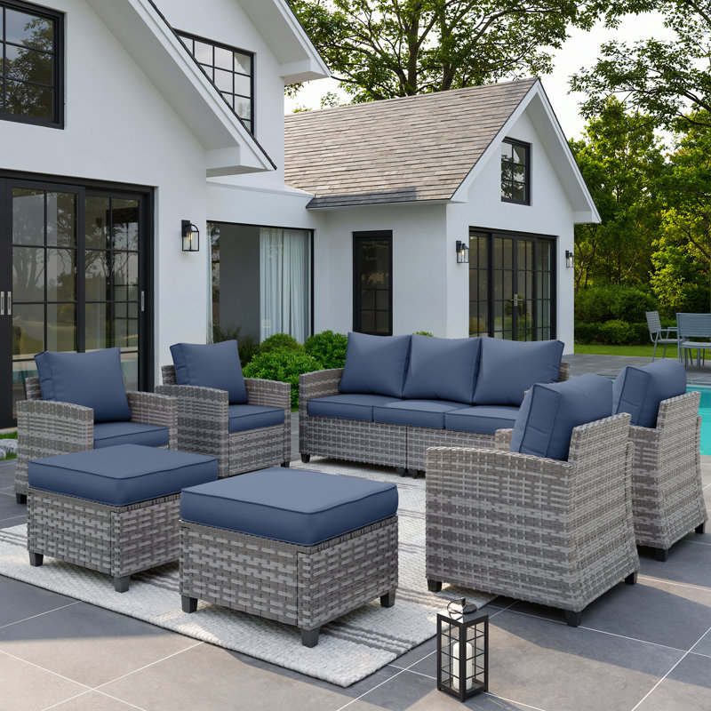 7-Piese Outdoor Conversation Sets With Cushion, Gray, Navy Blue, 7 Pcs: Sofa, 4 Chairs, 2 Ottomans