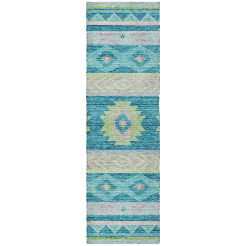 Premium Machine Washable Dream Shag ADS178 Aztec Rug, 2'3" x 7'6" Runner, Peacock