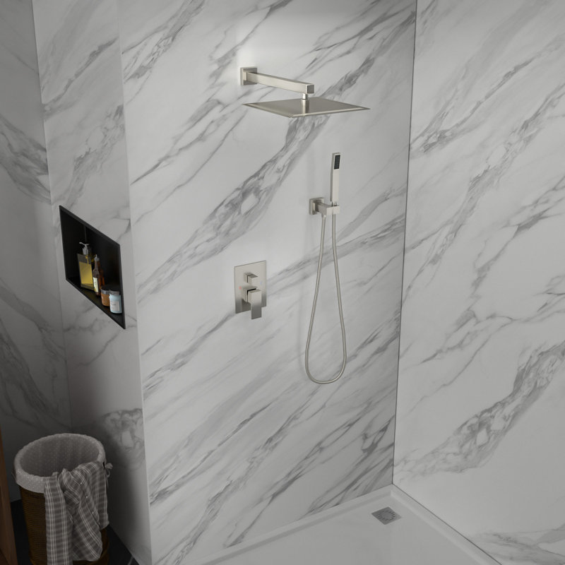 12 Inch Wall Mounted Shower System Rain Mixer Shower Combo Set Square Shower Head with Hand Shower, Brushed Nickel