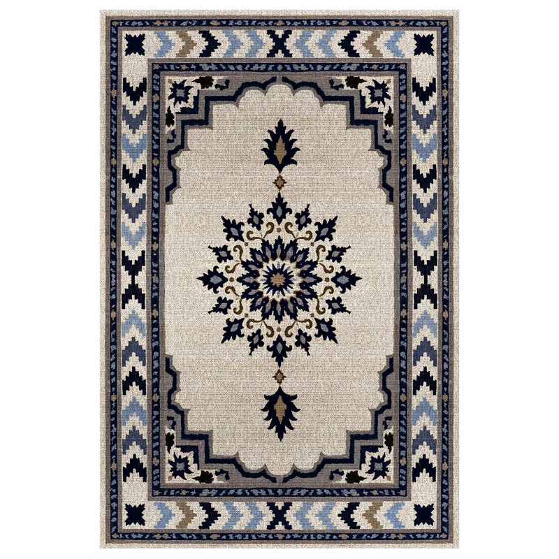 Quarza Collection Digital Print Cotton-Polyester Beige Navy Blue Moroccan Rug, Rectangle 4' x 7'3"