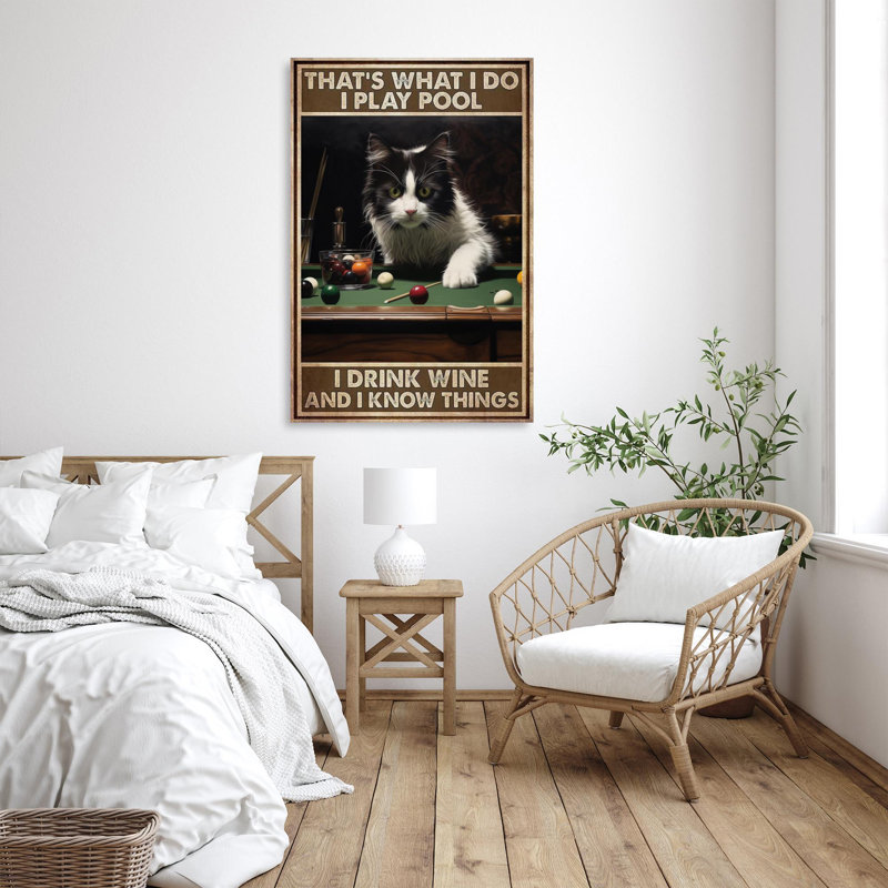 Cat I Play Pool I Drink Wine - 1 Piece Rectangle Graphic Art Print On Wrapped Canvas, H 36 po x l 24 po x P 1,25 po