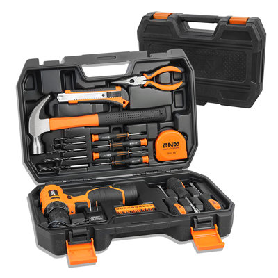 21 Piece Portable Household Hand Tools Kit 12 Volt Cordless Impact Drill/ Driver Storage Tool Box (Blue)
