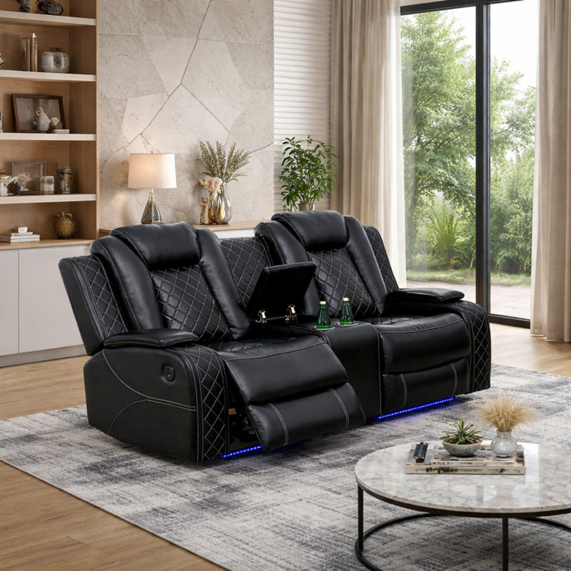Causeuse inclinable noire en similicuir respirant noir avec console de rangement, porte-gobelets, port USB et base DEL, Noir
