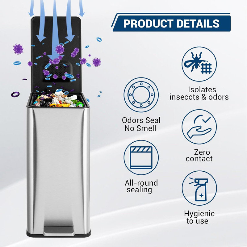 Poubelle à pédale 4 gallons, poubelle en acier inoxydable de 15 litres avec seau intérieur amovible